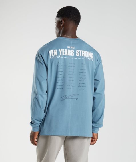 Men's Gymshark GS10 Year Oversized Long Sleeve T-Shirts Blue | CA D35AN7